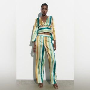 Zara 💚💛🤍 Multicolored Striped Top & Pants Set- Size Med - NWT